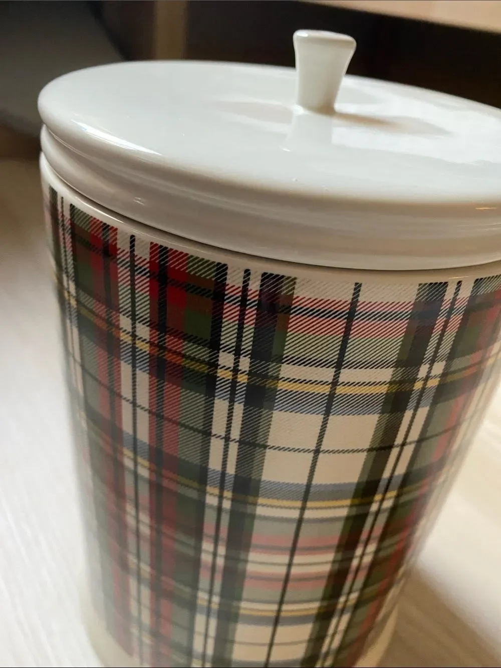 Pottery Barn Cream Plaid Decorative Ceramic Canister